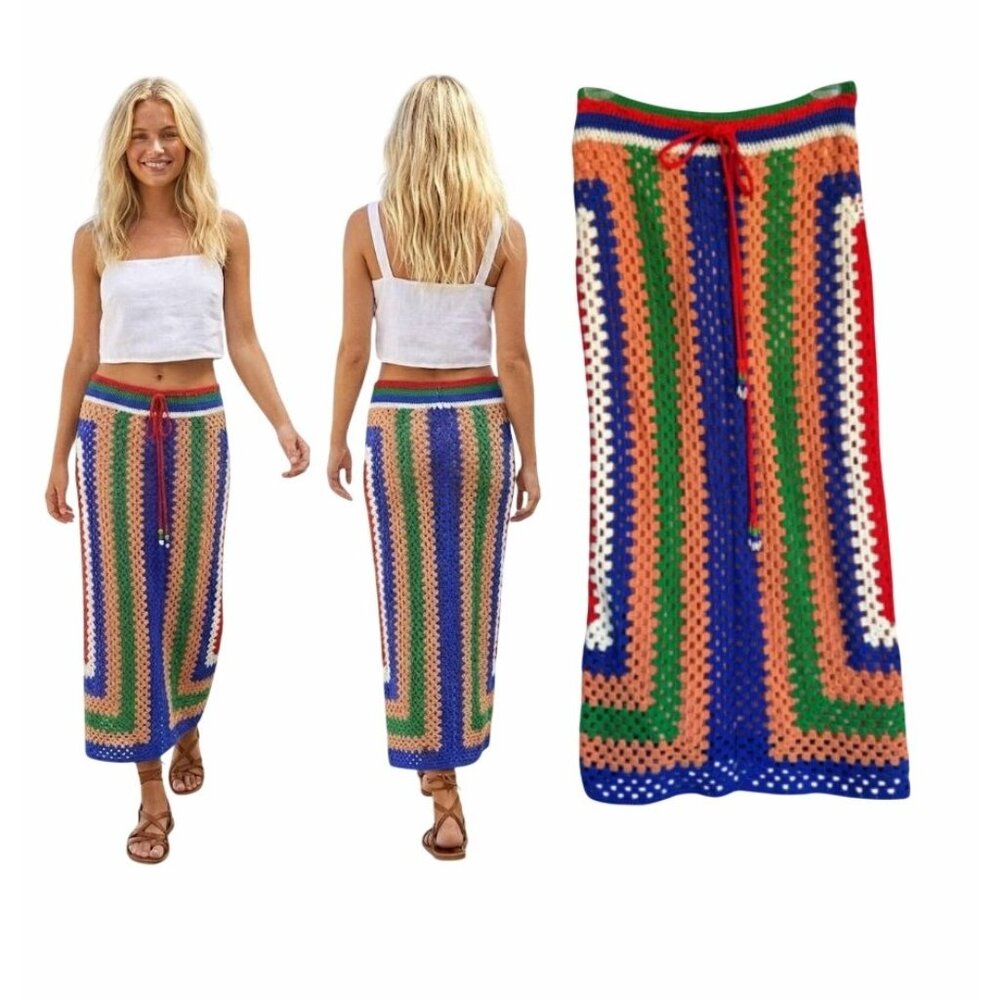 ⭐Farm Rio Multicolor Pitta Crochet Maxi Skirt Drawstring Waist Lined Size M New⭐